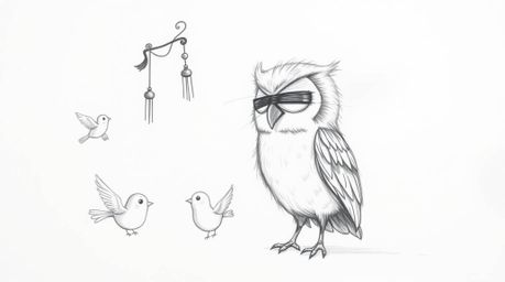 A heartwarming hand-drawn sketch in the style of Pixar portrays a blind owl, characterized by its soft, feathery texture, pat