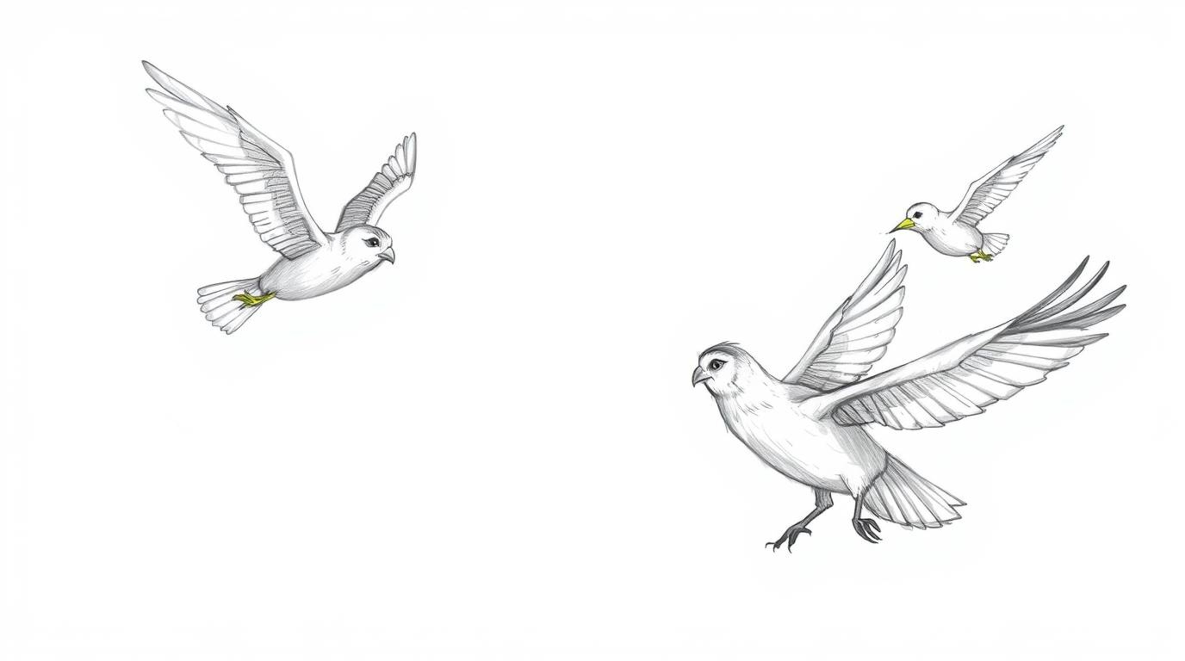 A heartwarming Pixar-style sketch depicts a wise, blind owl guiding a flock of birds in flight. The owl, rendered with textur