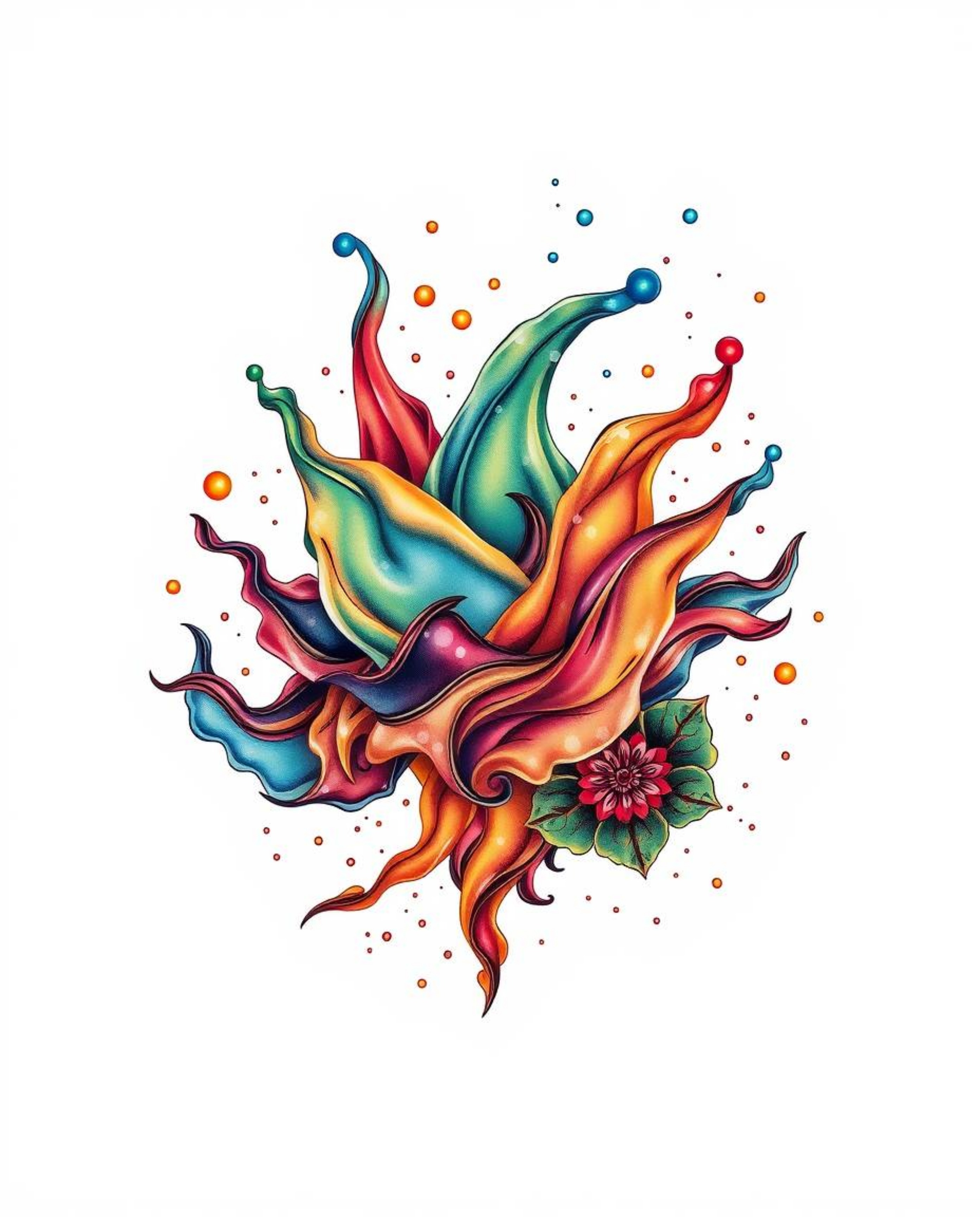 Overhead bird's-eye view art print showcases a symbolic traditional tattoo design featuring glassy fluid 3D shapes in dynamic