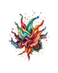 Overhead bird's-eye view art print showcases a symbolic traditional tattoo design featuring glassy fluid 3D shapes in dynamic