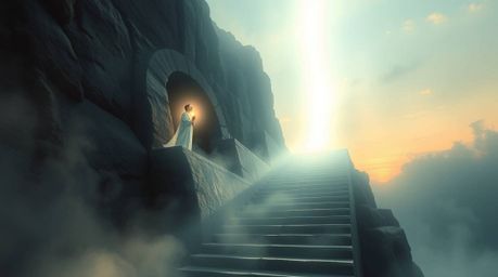 This painting captures a serene and mystical scene featuring a lone figure ascending a stone staircase towards a divine beam 