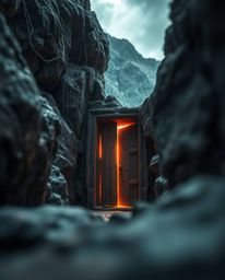 Experience an extreme macro close-up of an ancient doorway etched with glowing runes, nestled within a majestic mountain land