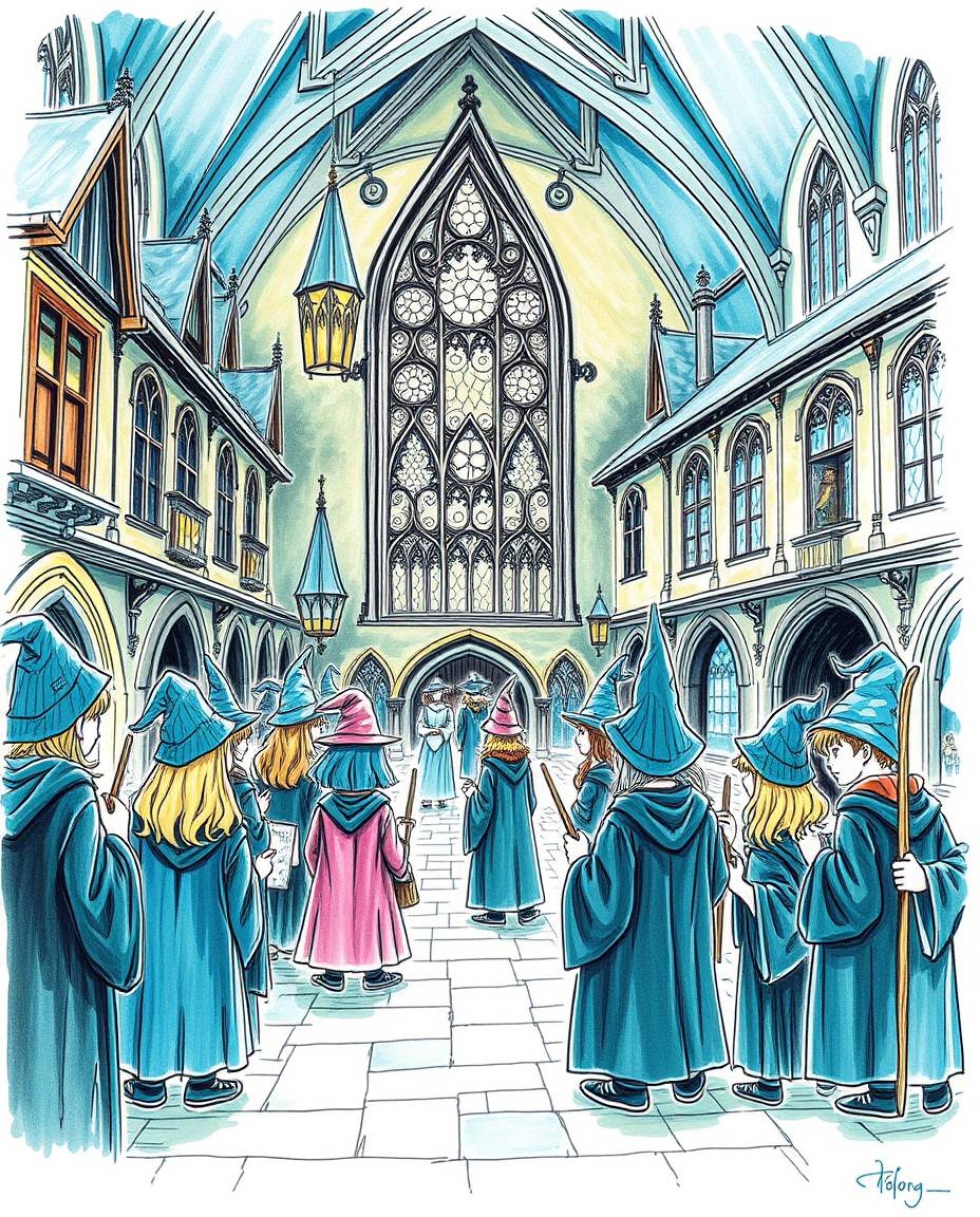 Explore a hand-drawn color sketchnote depicting a magical school brimming with young wizards. The rich, deep teal tones creat