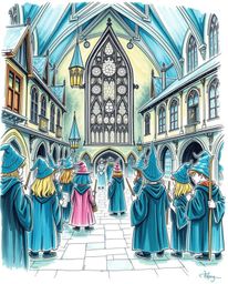 Explore a hand-drawn color sketchnote depicting a magical school brimming with young wizards. The rich, deep teal tones creat