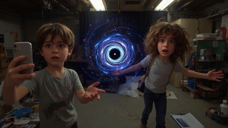 A highly detailed, cinematic photograph captures a chaotic and awe-inspiring science fair moment in a vibrant, Pixar-esque st