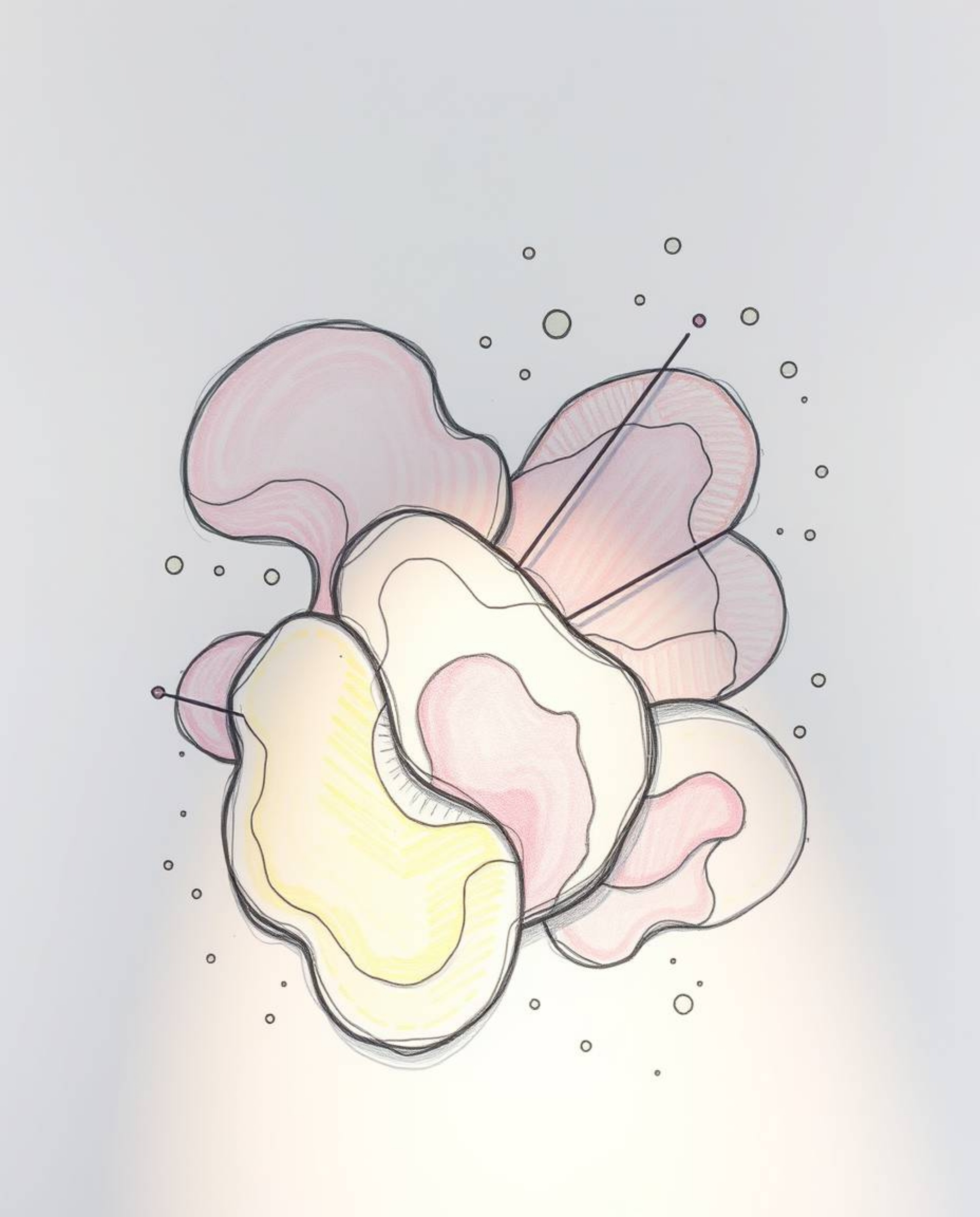 A hand-drawn sketch showcases abstract 3D liquid forms beautifully lit against a clean white background. The artwork features