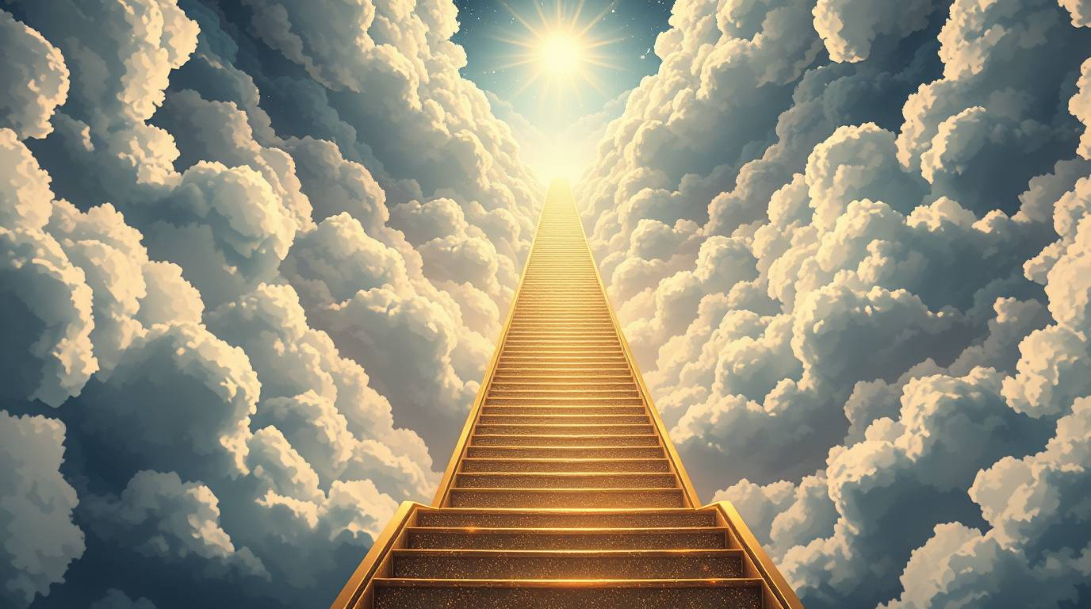Experience the divine in this extreme macro close-up, Isekai anime style depiction of a golden staircase rising through the c