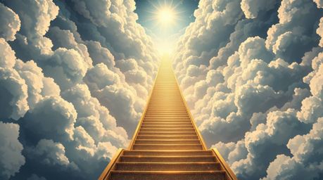 Experience the divine in this extreme macro close-up, Isekai anime style depiction of a golden staircase rising through the c