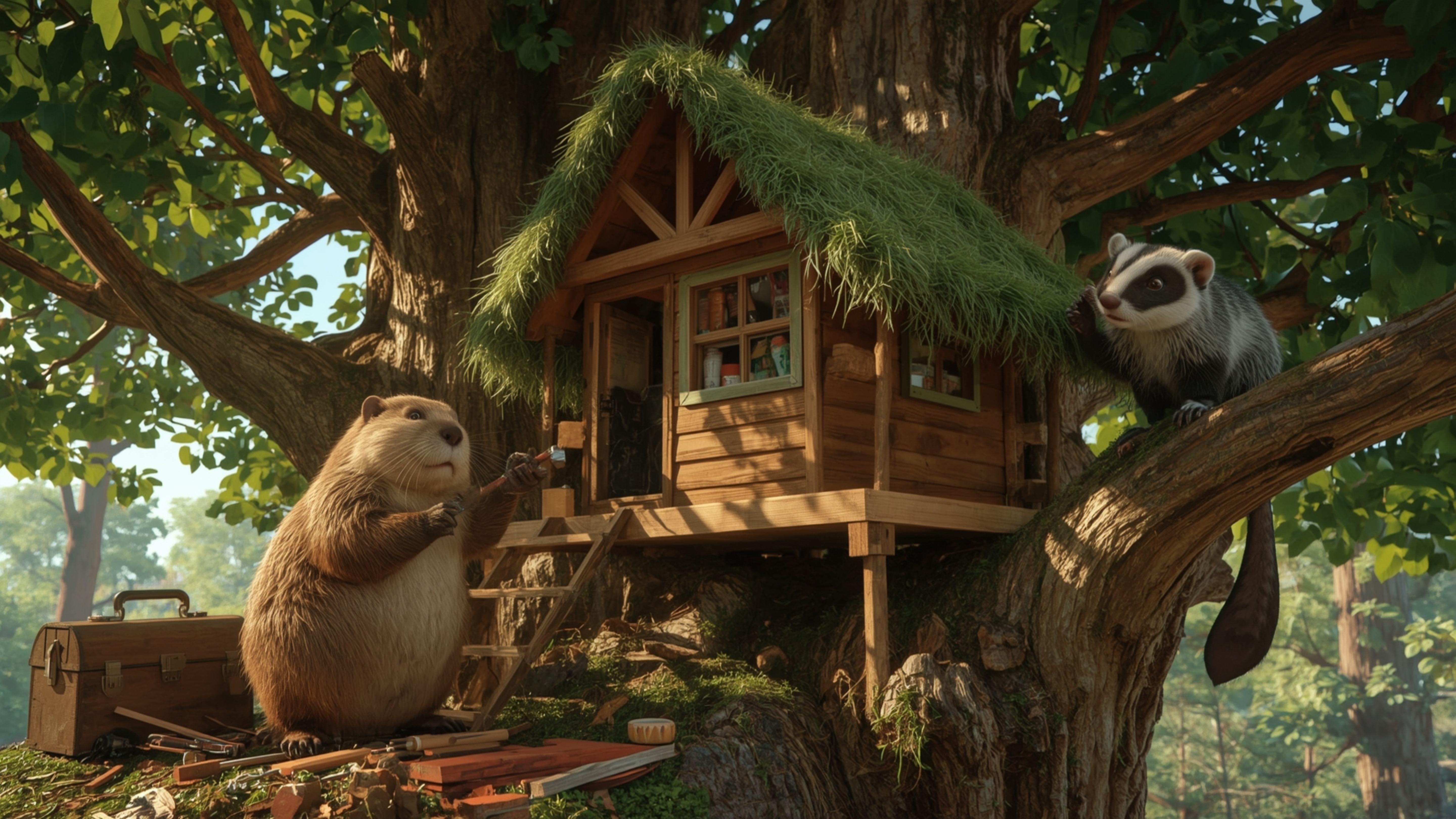 A highly detailed, high-resolution stock photo shows a diligent beaver, with a worn wooden toolbox, building an intricate, mu