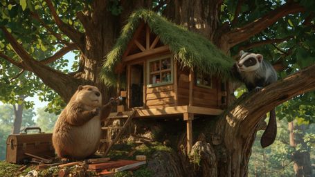 A highly detailed, high-resolution stock photo shows a diligent beaver, with a worn wooden toolbox, building an intricate, mu
