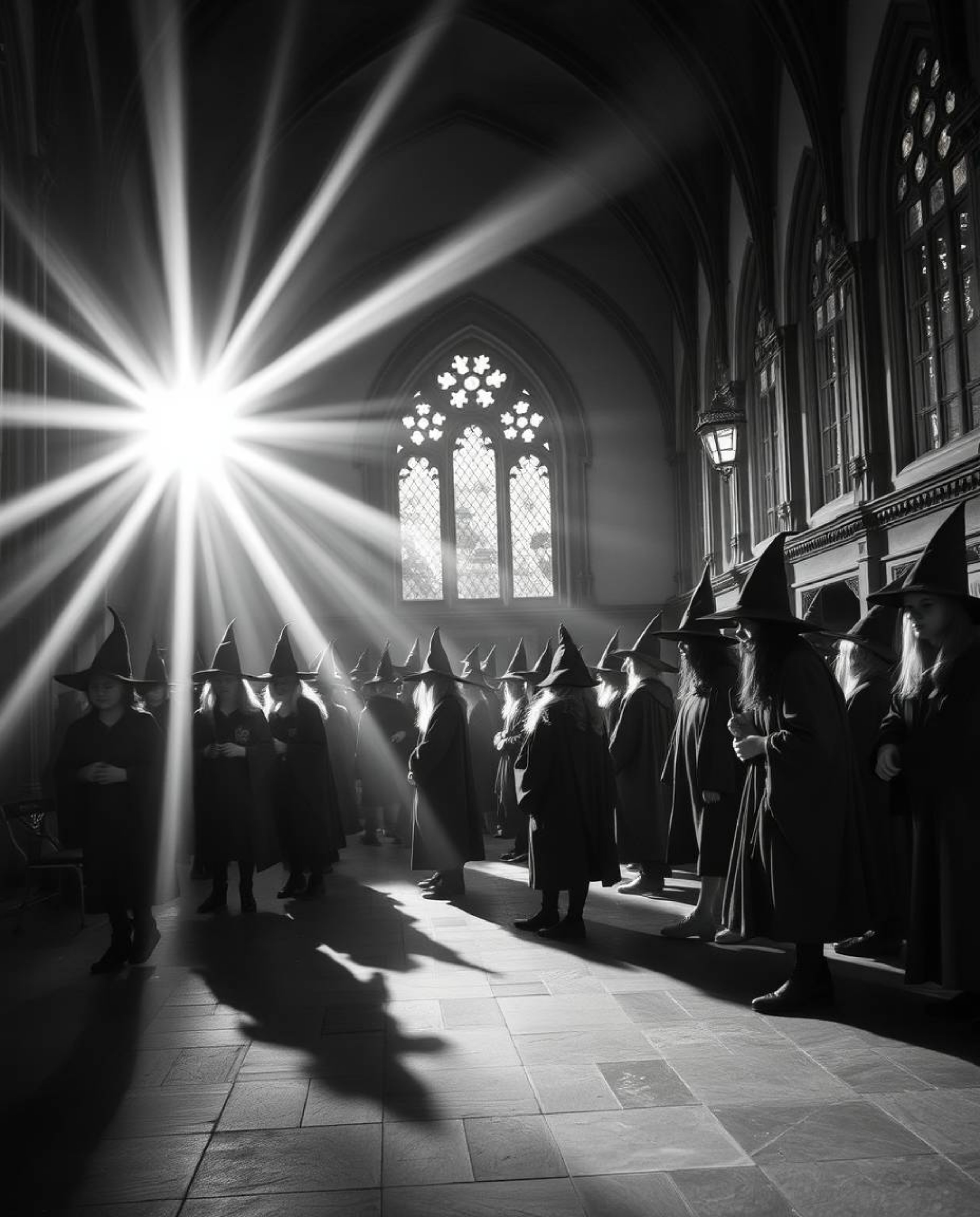 A timeless black and white image capturing the essence of a magical school brimming with young wizards. The soft, dreamy atmo