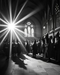 A timeless black and white image capturing the essence of a magical school brimming with young wizards. The soft, dreamy atmo