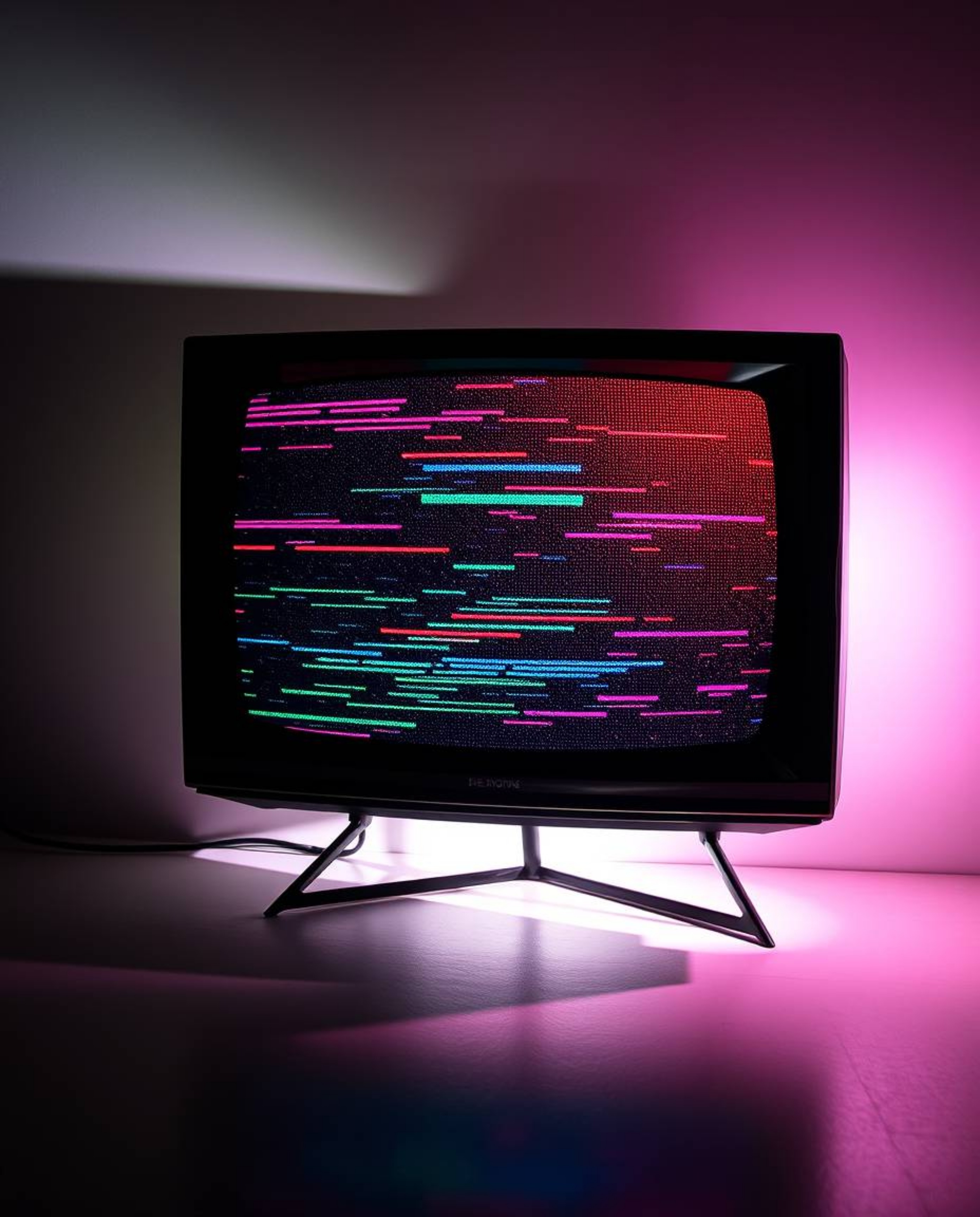 A retro-style TV screen displaying RGB separated glitch static, creating a mystical feeling with a light aura. The strong har