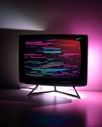 A retro-style TV screen displaying RGB separated glitch static, creating a mystical feeling with a light aura. The strong har