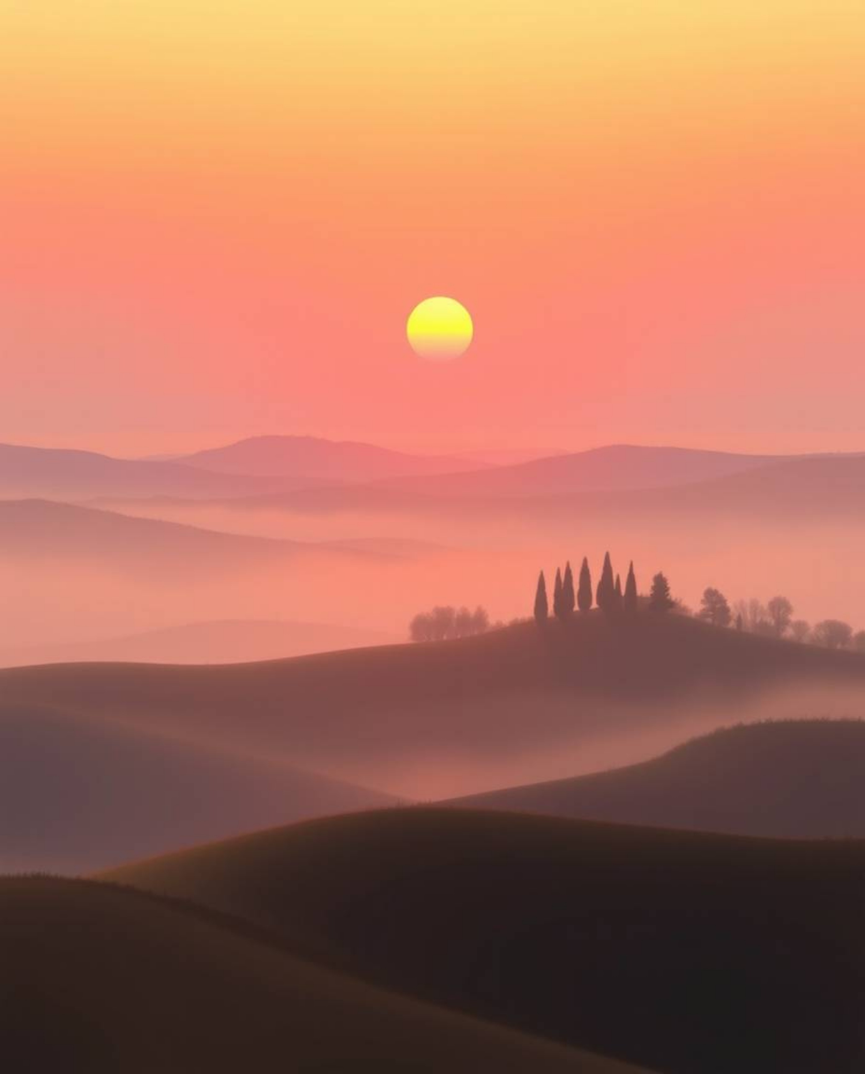 This is a digital painting of a sunset over the misty, rolling hills of Tuscany, featuring a unique bioluminescent glow. The 