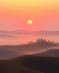 This is a digital painting of a sunset over the misty, rolling hills of Tuscany, featuring a unique bioluminescent glow. The 