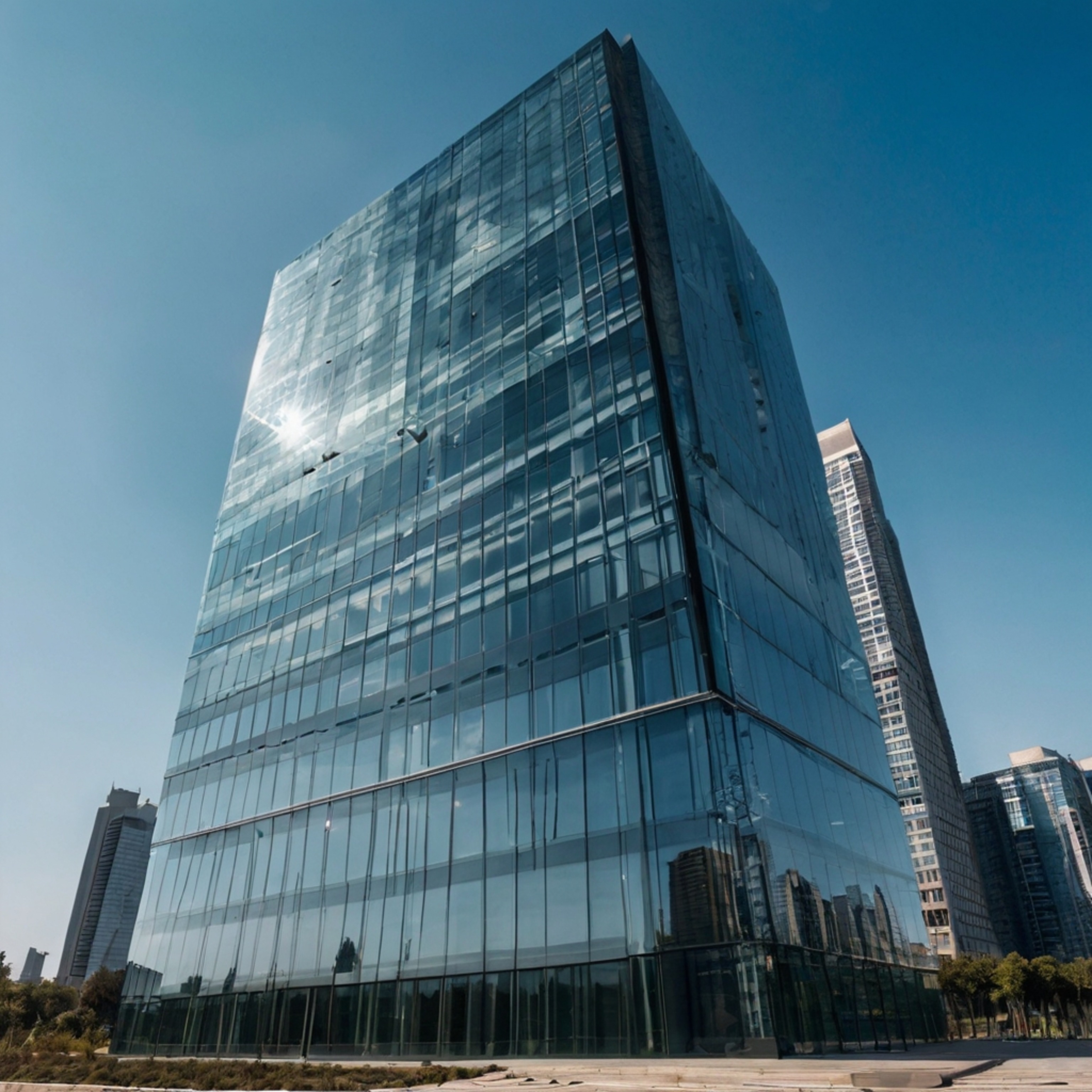 A sleek glass office tower stands tall, embodying minimalist design principles. Its reflective surface mirrors the vibrant bl