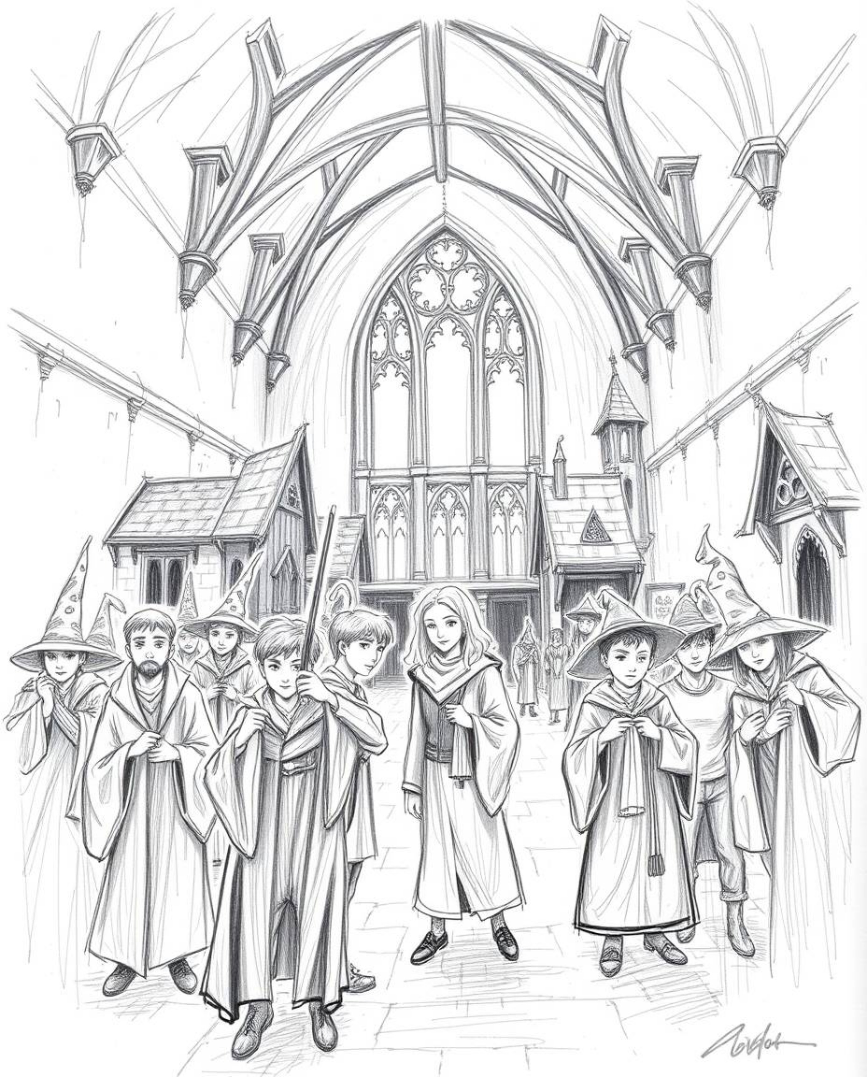 A captivating hand-drawn sketch depicts a magical school bustling with young wizards, bathed in intense and dramatic lighting