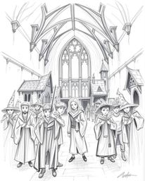 A captivating hand-drawn sketch depicts a magical school bustling with young wizards, bathed in intense and dramatic lighting
