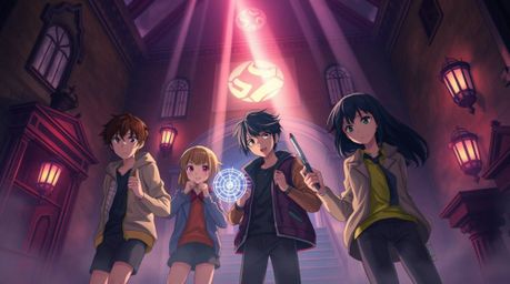 Dive into a captivating Isekai anime-style illustration featuring a group of expressive teenagers unraveling mysteries within