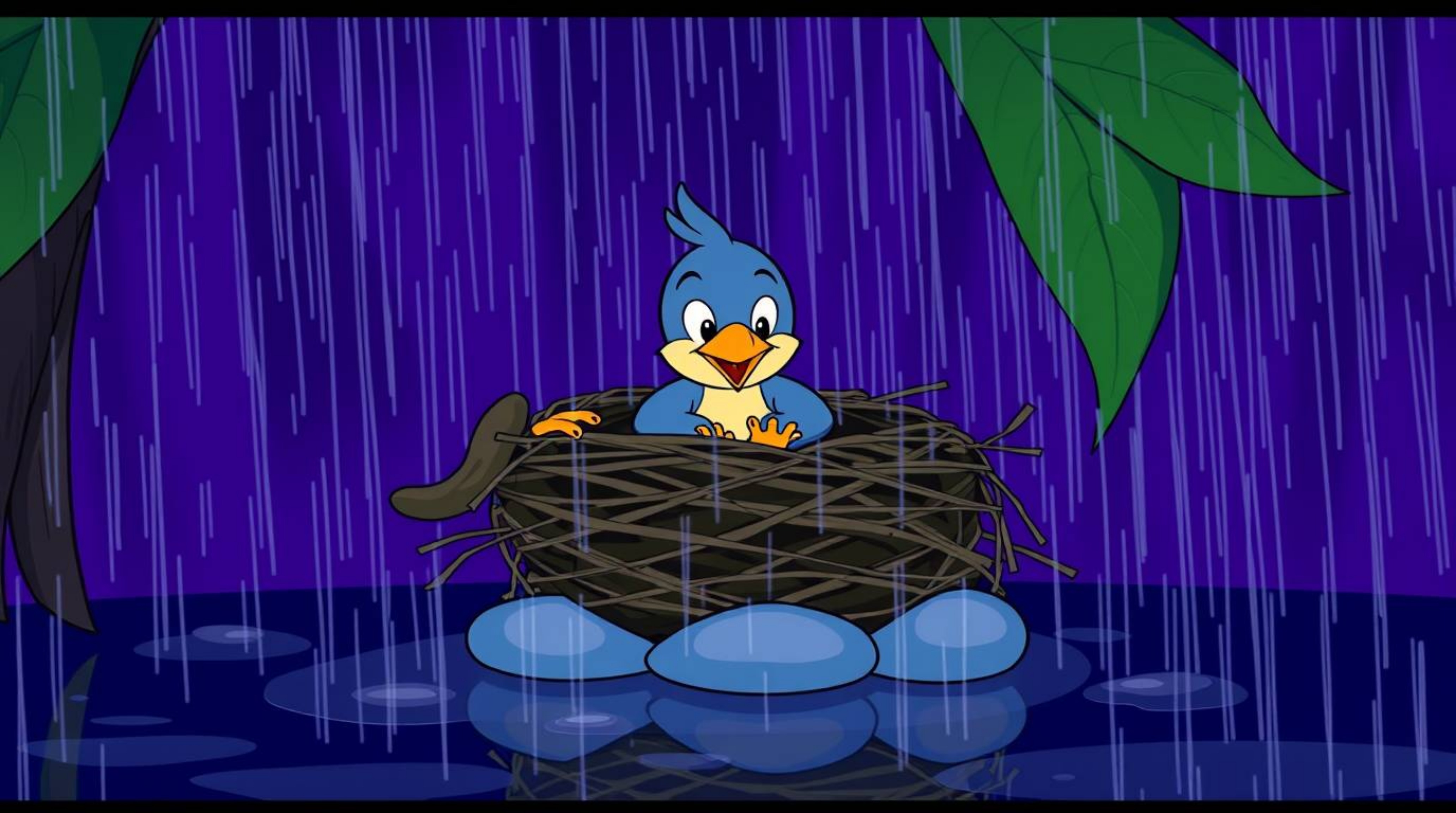 A charming scene depicting two cartoon birds diligently constructing their nest, rendered in a classic animation style. The i