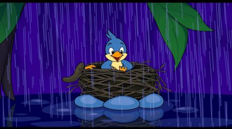 A charming scene depicting two cartoon birds diligently constructing their nest, rendered in a classic animation style. The i