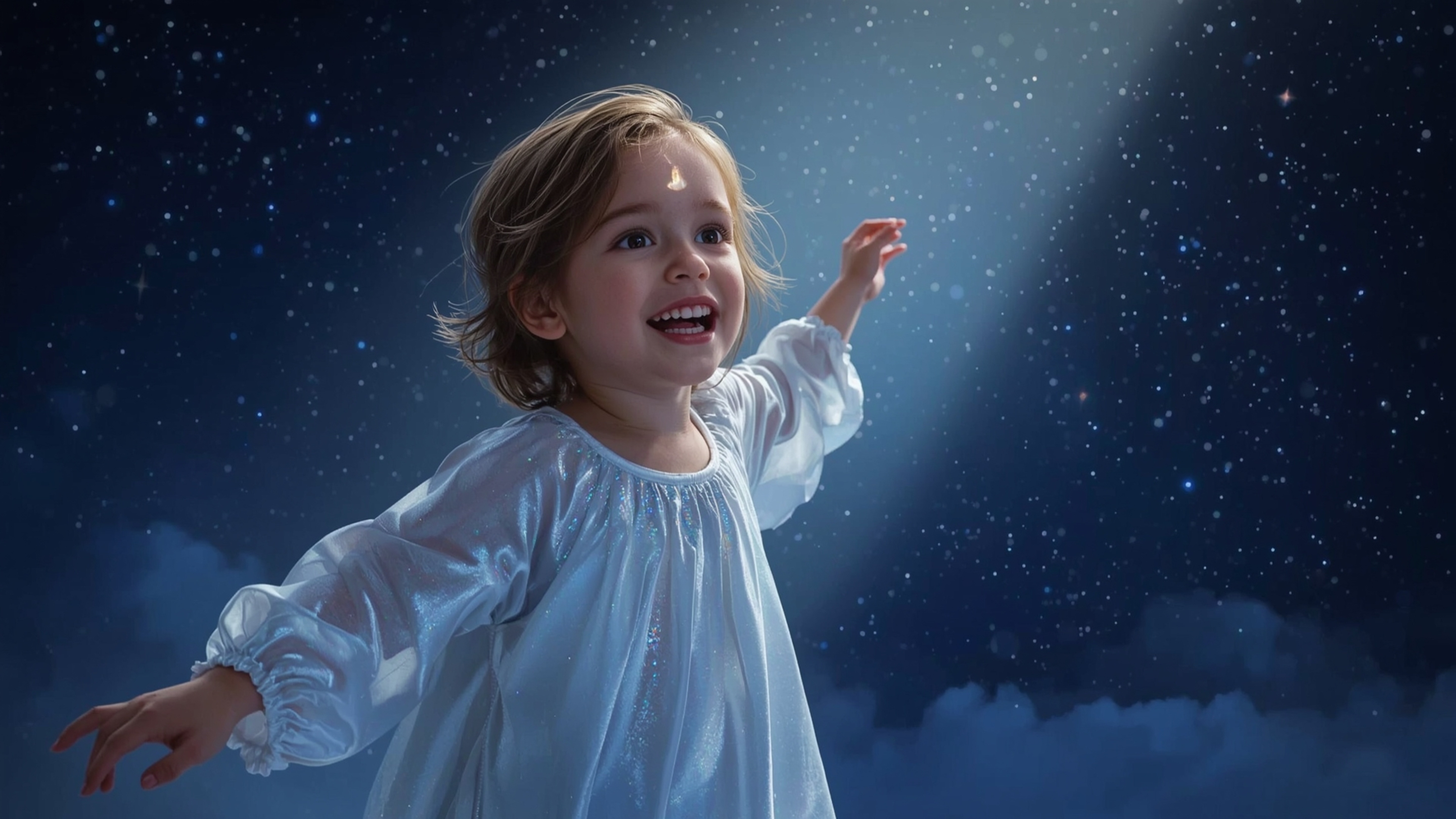 Experience a moment of pure magic in this mesmerizing, cinematic photograph capturing a joyful, freckled-faced child in a Pix