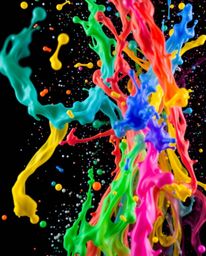 This image captures a vibrant and dynamic scene with colorful splashes dramatically set against a black background.  The free