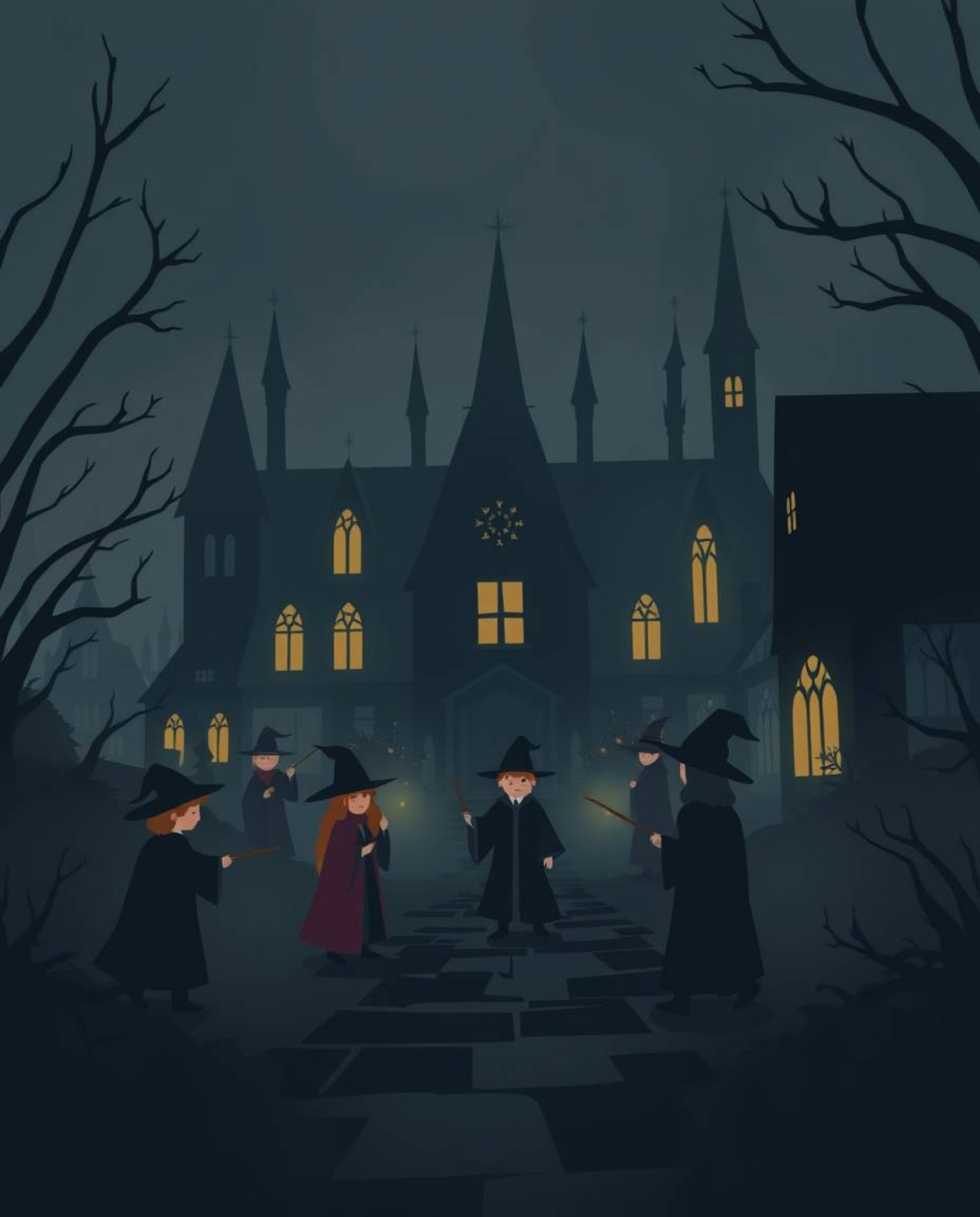 Explore a modern flat design illustration showcasing a magical school teeming with young wizards. Set against an intense jet 