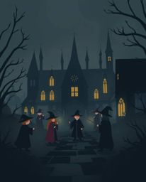 Explore a modern flat design illustration showcasing a magical school teeming with young wizards. Set against an intense jet 