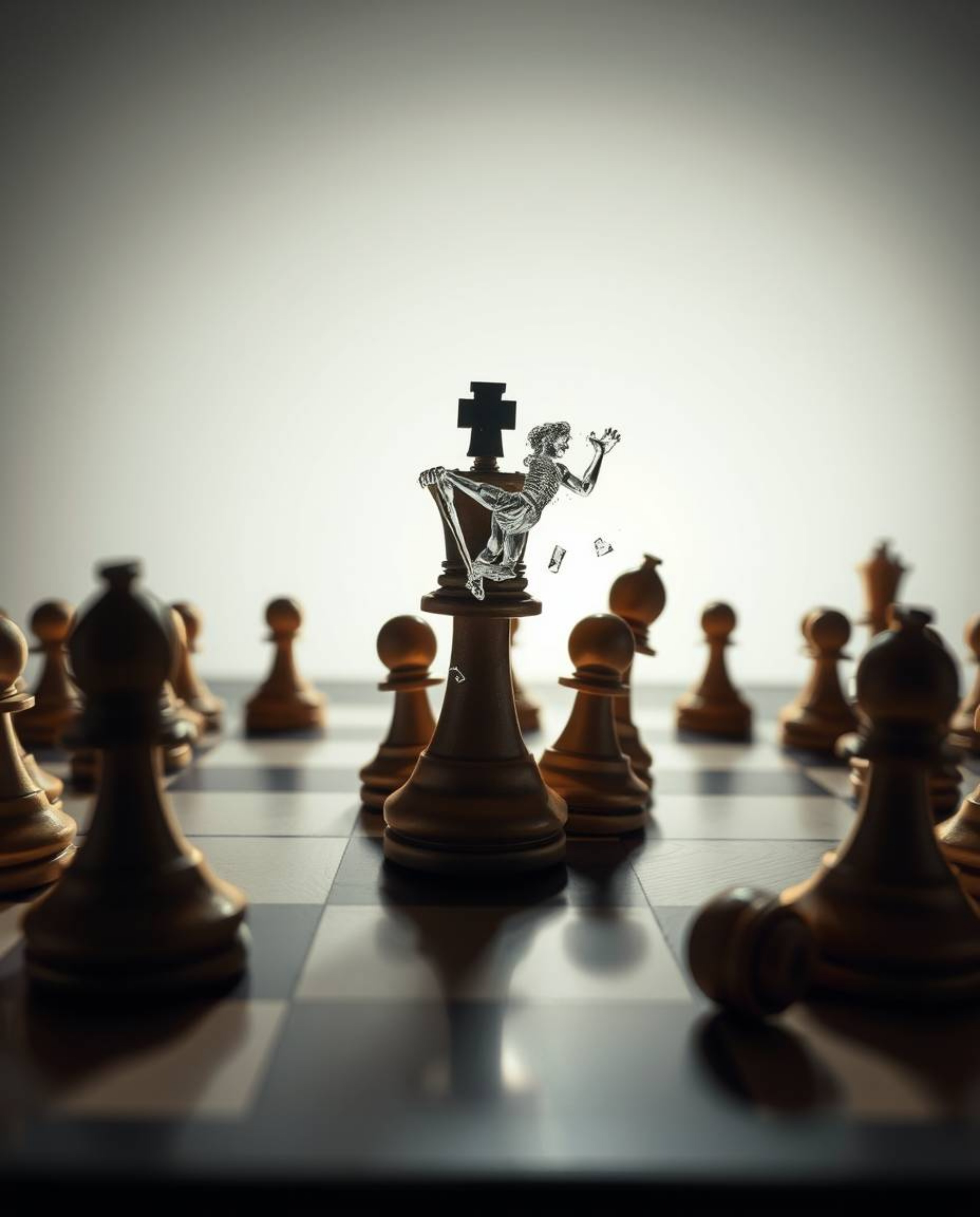 This striking image captures a chessboard in a state of frozen destruction, with pieces suspended mid-air under harsh, direct