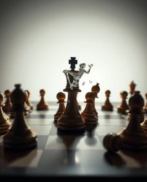 This striking image captures a chessboard in a state of frozen destruction, with pieces suspended mid-air under harsh, direct