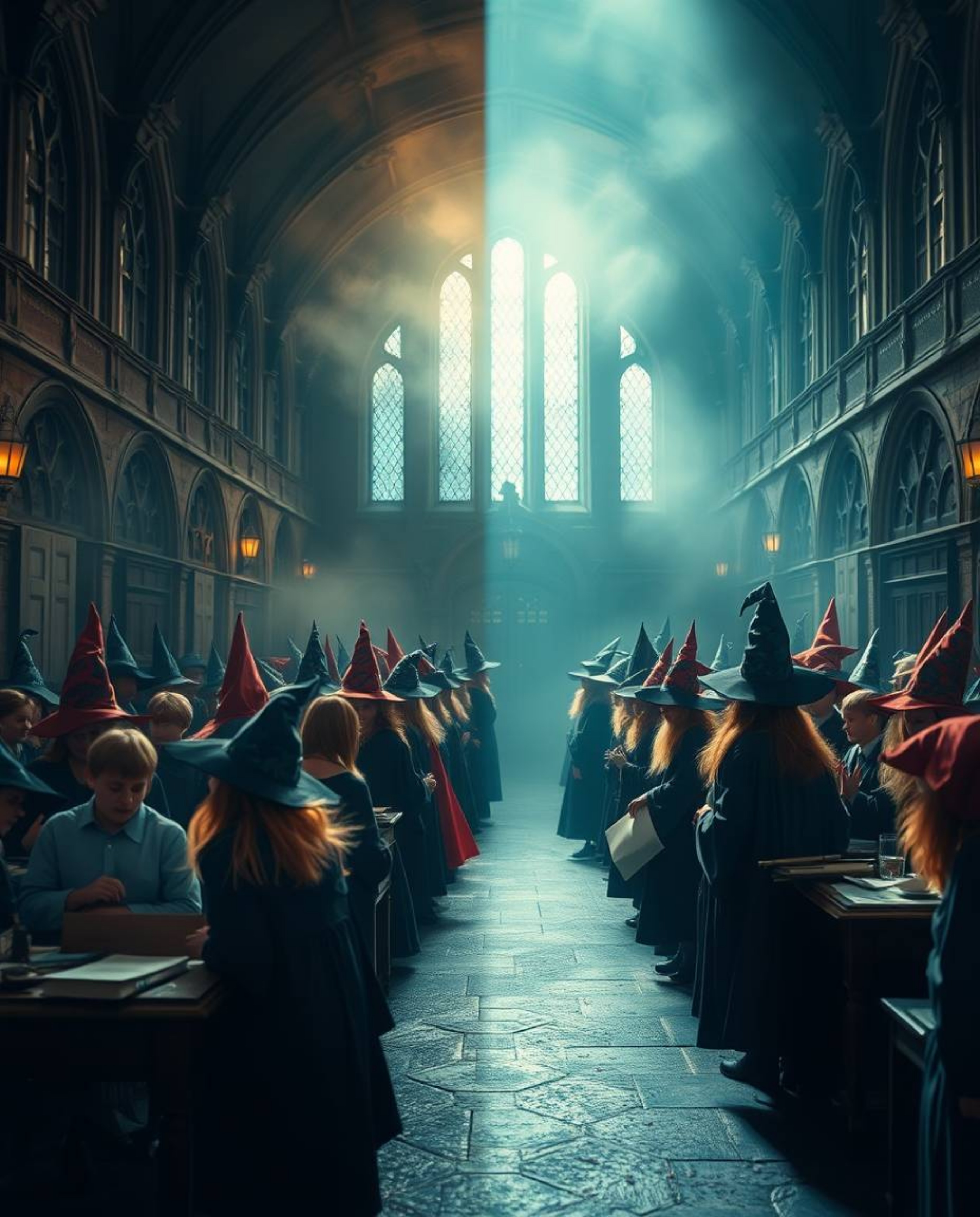 A captivating illustration of a magical school brimming with young wizards.  The artwork features a distinct split compositio