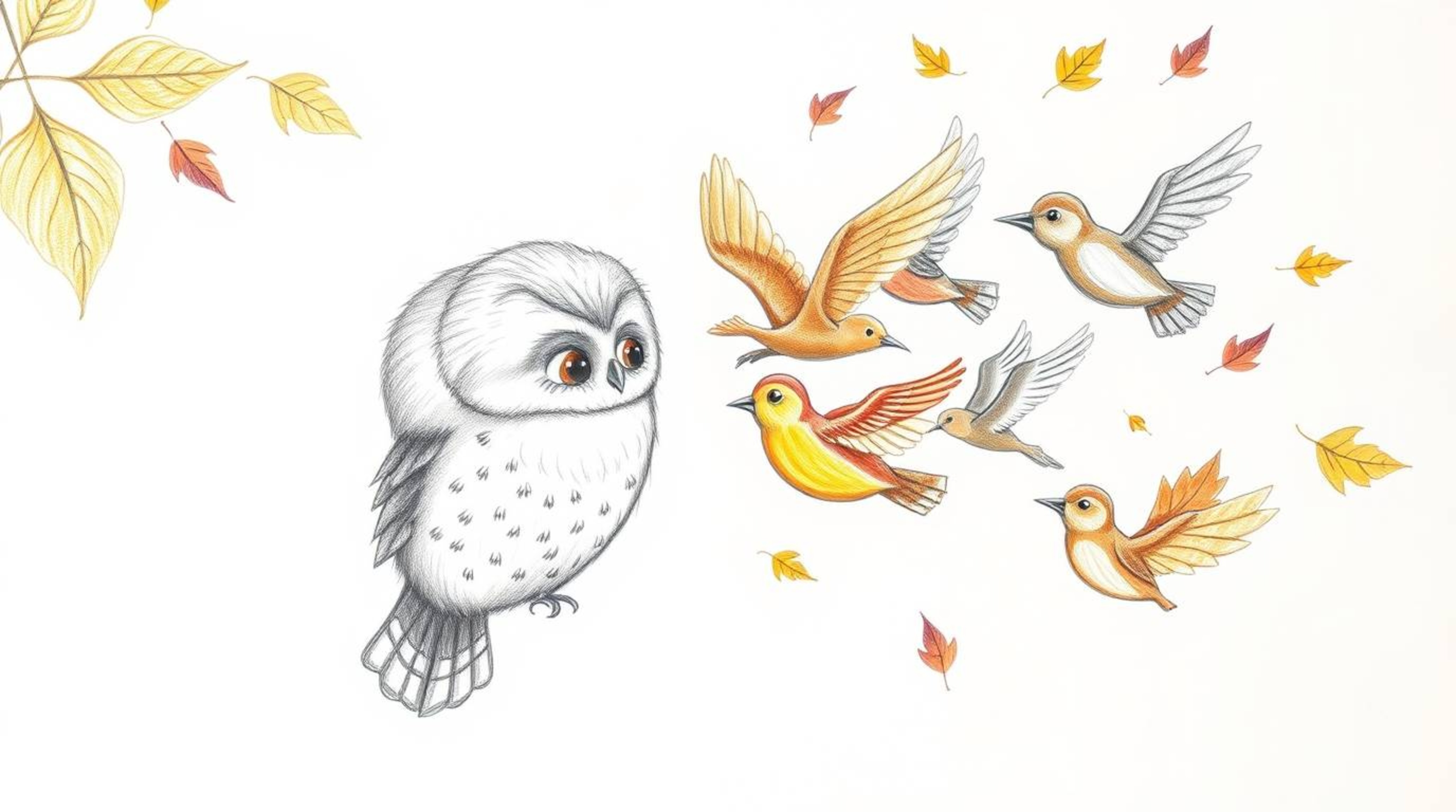 A heartwarming hand-drawn pencil sketch in the style of Pixar depicts a blind owl with soft, feathery plumage and gentle feat