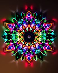 Explore the captivating beauty of a geometric floral mandala, showcasing vibrant colors and a perfectly symmetrical design. B