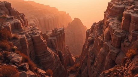 A captivating scene featuring a rocky canyon bathed in the warm, golden hues of a setting sun. The image evokes a sense of pe