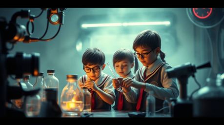 A captivating soft cinematic scene depicts quirky children in school uniforms conducting exciting experiments amidst advanced