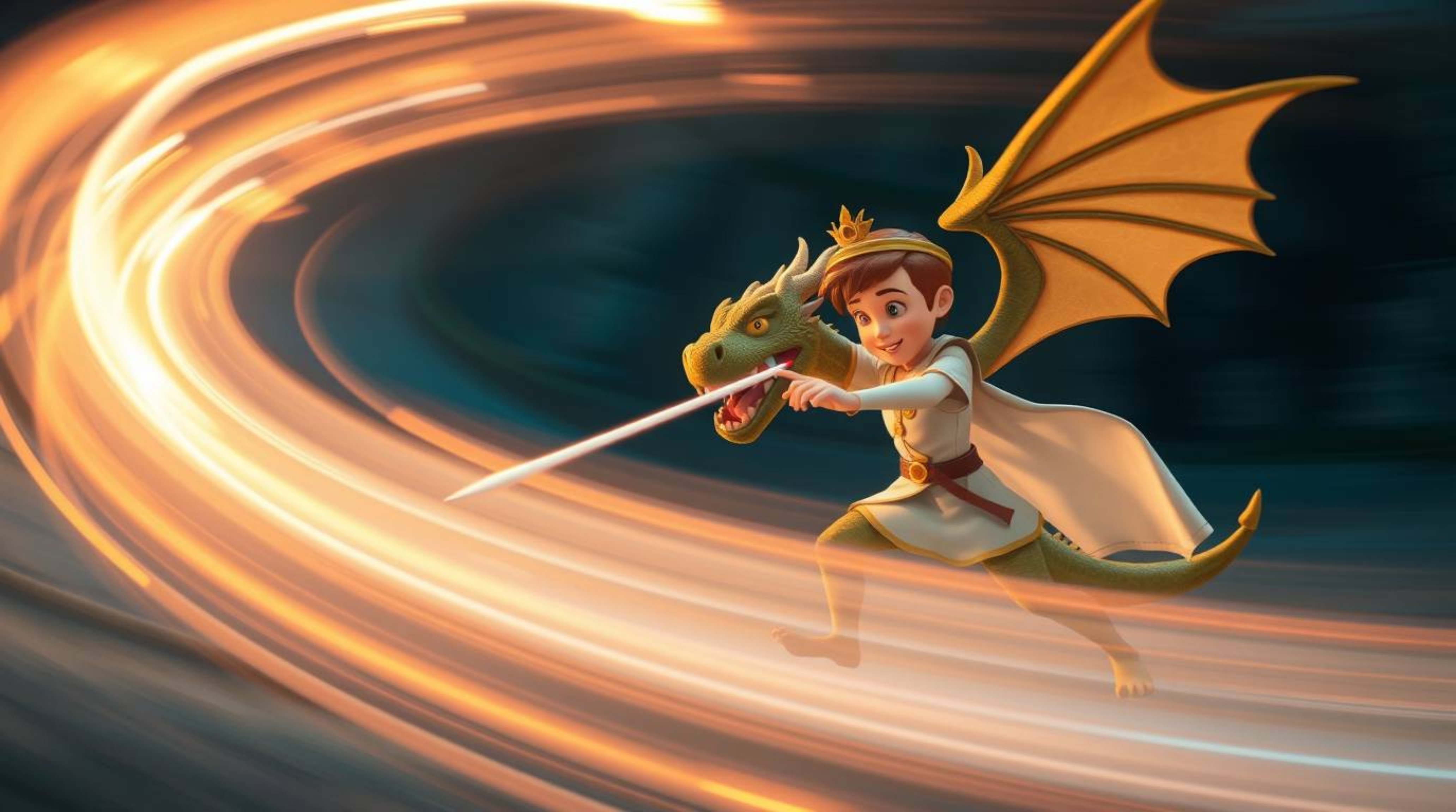 A captivating long exposure photograph depicts a charming prince battling a dragon in a whimsical 1950s animation style.  Sof