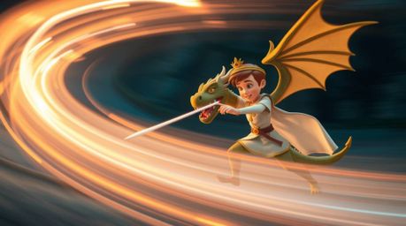 A captivating long exposure photograph depicts a charming prince battling a dragon in a whimsical 1950s animation style. Sof
