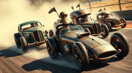 Experience a whimsical and high-octane racing spectacle featuring eccentric cars, meticulously crafted in an antique style wi