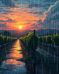 An Isekai anime style depiction of a wet, rainy scene at sunset over a vineyard. This artwork features an expressive composit