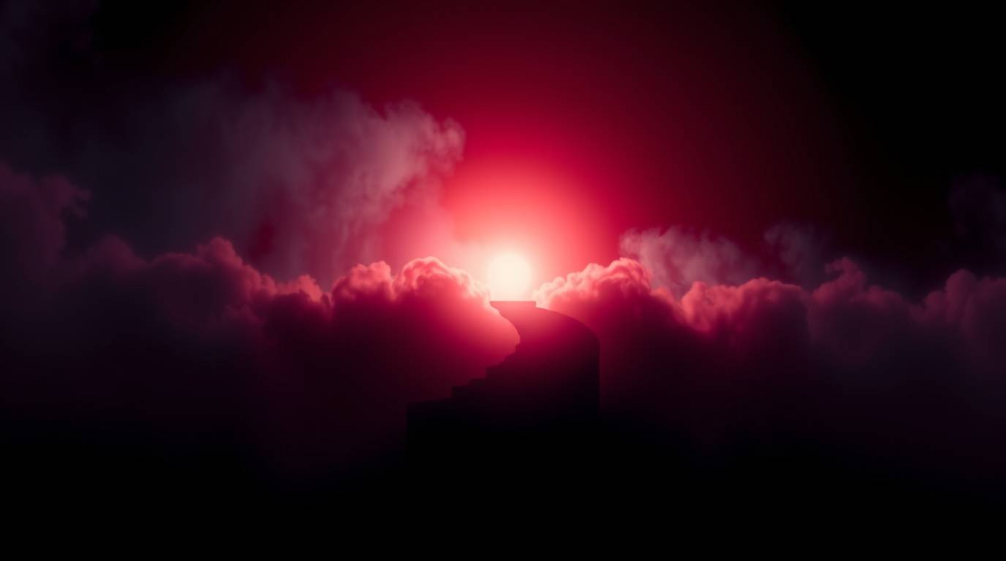 A dramatic and sophisticated cinematic style image featuring rich burgundy and deep blue hues with silhouetted backlighting. 