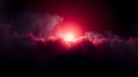 A dramatic and sophisticated cinematic style image featuring rich burgundy and deep blue hues with silhouetted backlighting. 