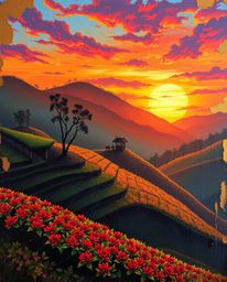 This is a vibrant painting capturing a bronze-toned sunset over terraced tea plantations. The artwork is distinguished by its