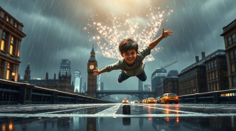 Witness a grand, futuristic epic depicting a young boy with dark hair and brown skin heroically soaring above a rain-swept Lo