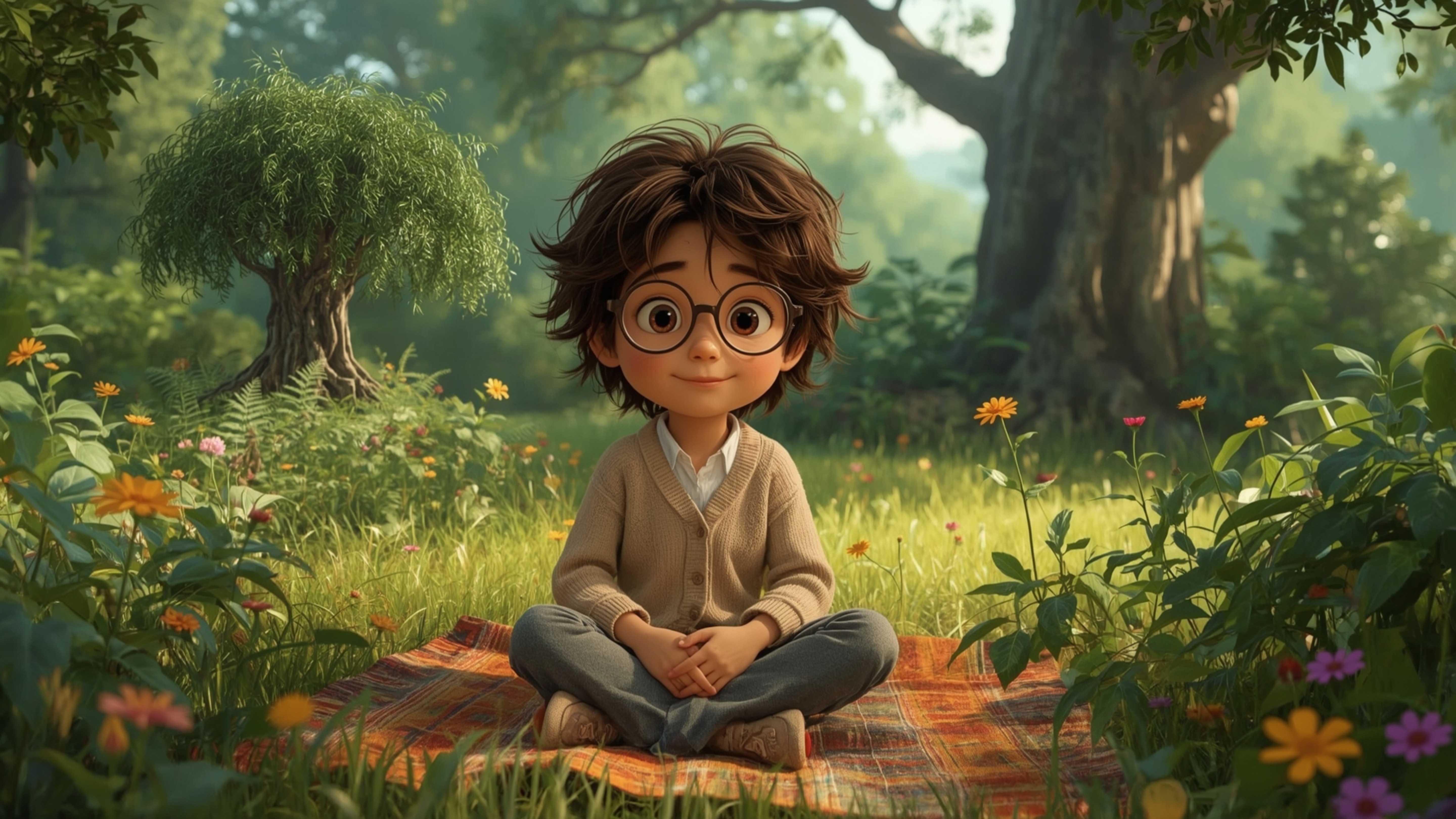 A high-resolution, vibrant, and detailed stock photo, illustrated in a whimsical Pixar style, features a bright-eyed and smil
