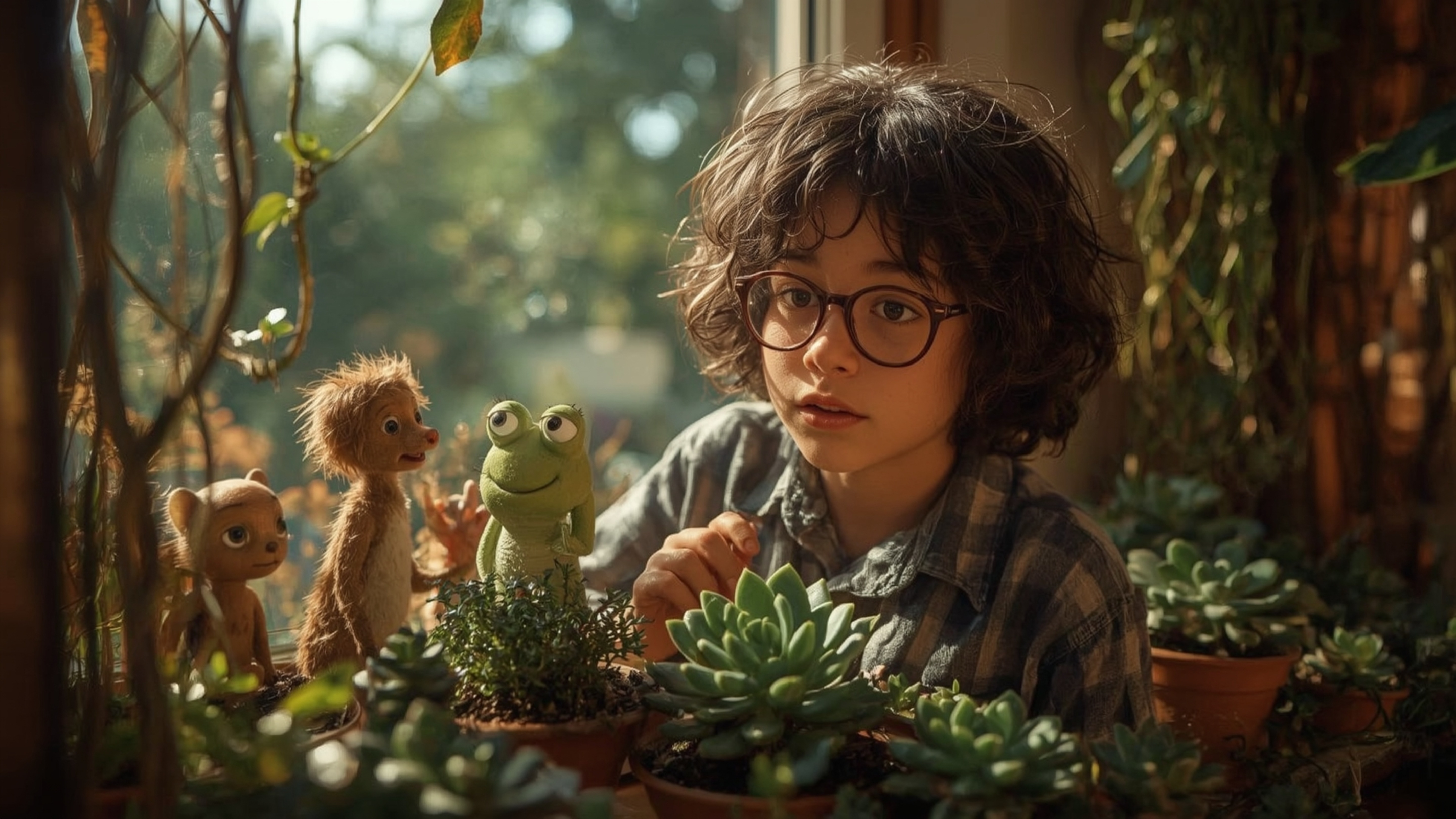 In a vibrant, cinematic photograph inspired by Pixar's style, a young, bespectacled homeschooled genius is surrounded by a lu