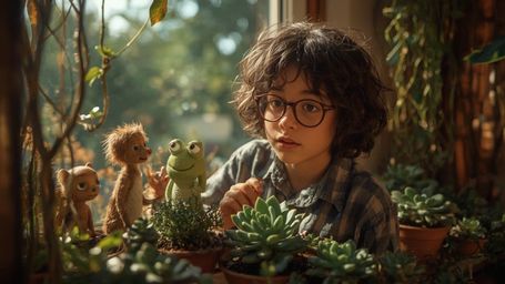 In a vibrant, cinematic photograph inspired by Pixar's style, a young, bespectacled homeschooled genius is surrounded by a lu
