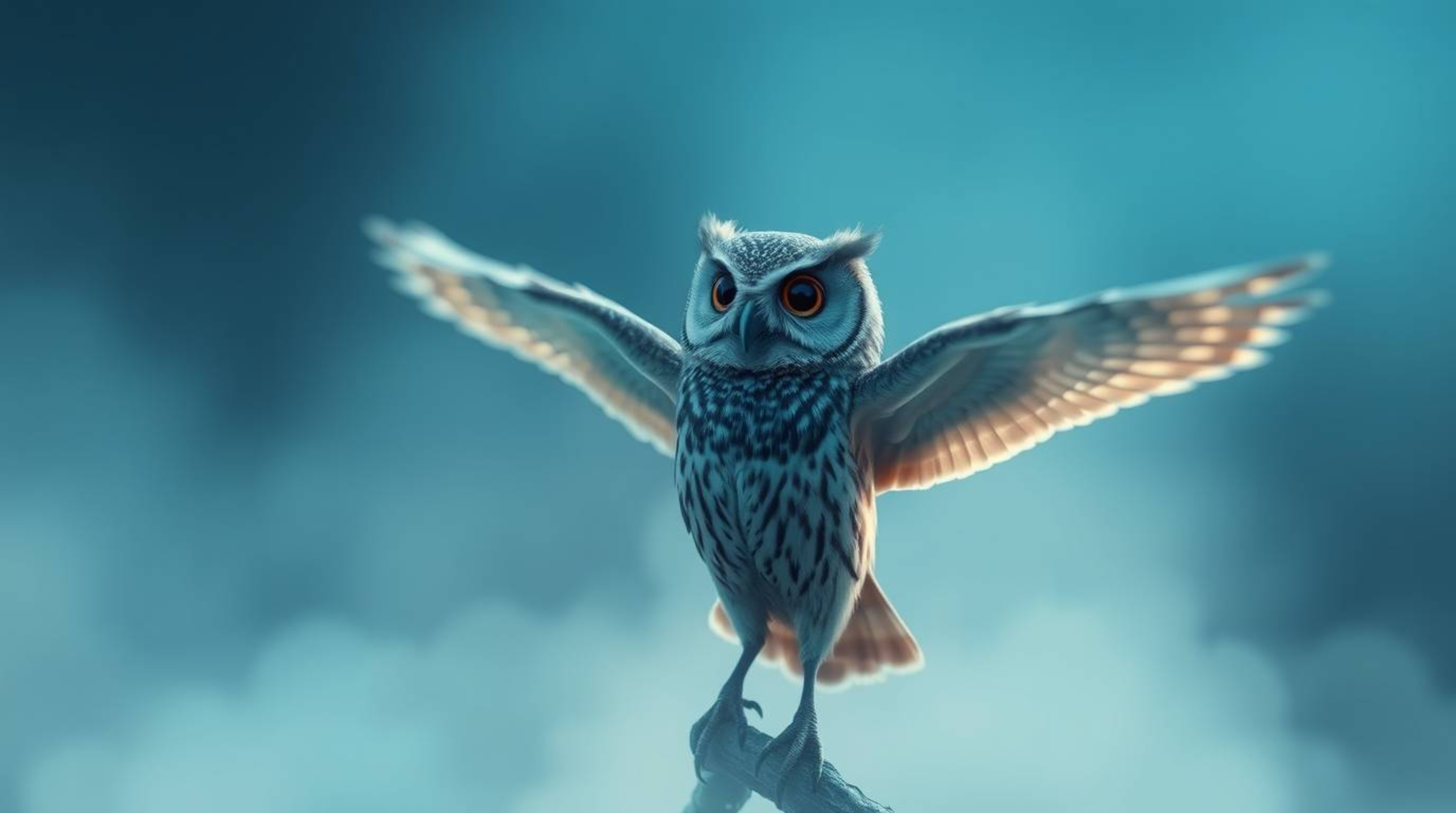 A captivating image featuring a Pixar-style blind owl with a proud posture, embodying an ethereal spiritual vibe achieved thr