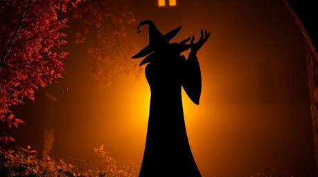 A classic Disney villain is silhouetted against a warm autumn backdrop, casting a spell within an old castle. The image evoke
